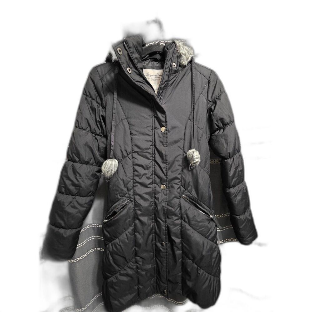 American Rag Cie Black Long Puffer Coat Faux Fur Hood Women’s XS